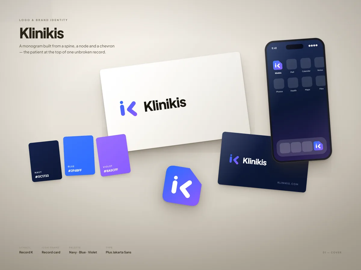Clinic management SaaS brand identity: a monogram logo on paper cards, a clipped-corner app icon on a phone and colour swatches
