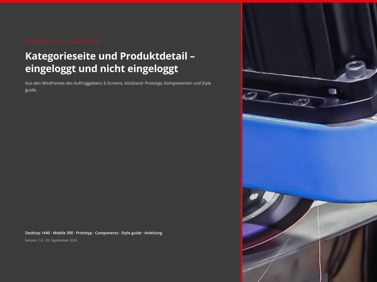 Figma cover of a B2B e-shop prototype for industrial abrasives, anthracite panel beside a robot grinding photo