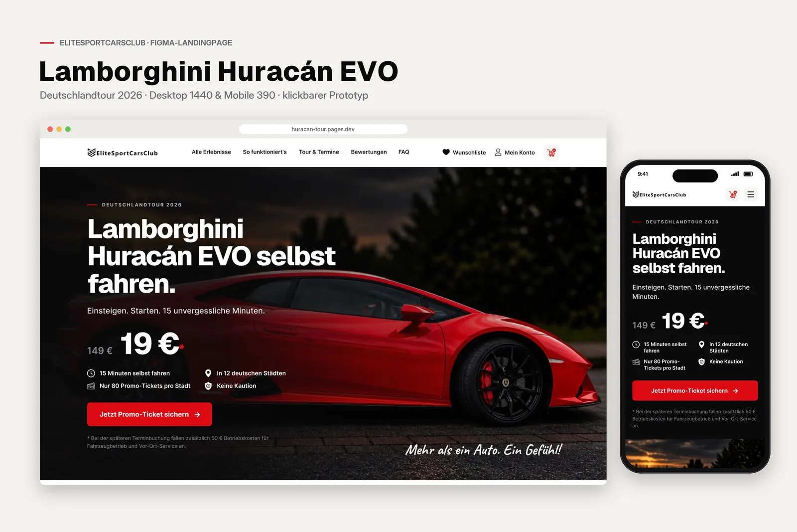 Lamborghini Huracán test-drive tour landing page shown in a browser and on a phone