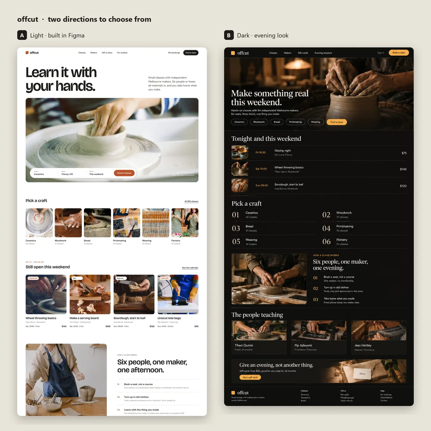 Offcut craft class booking UI, light and dark homepage directions side by side