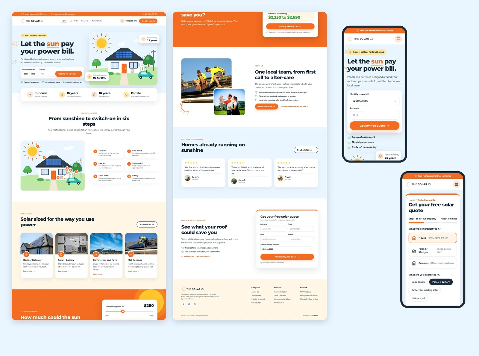 Solar installer lead-generation website, full homepage with savings estimator and phone screens