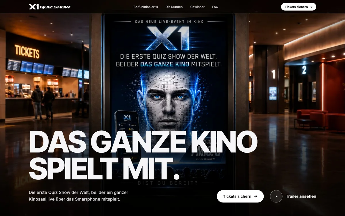 Cinema quiz show landing page, the foyer poster behind the headline Das ganze Kino spielt mit