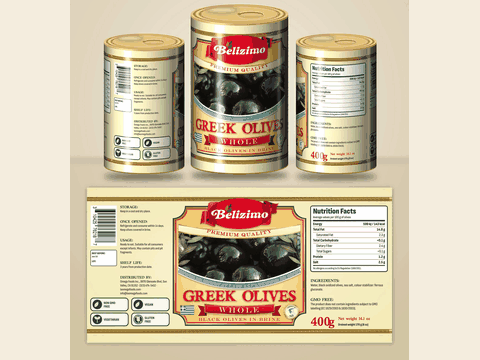 Greek black olives tin can label in cream and gold with a red centre panel and a photo of glossy black olives