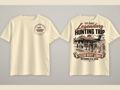Legendary Hunting Trip cream t-shirt, round chest emblem on the front and a Pilatus PC-12 with eight hunters on the back