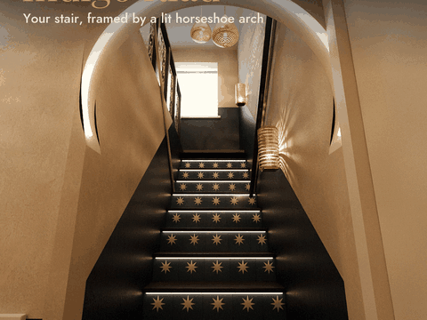 Moorish horseshoe arch lit with a warm LED line framing a stair with blue star-tiled risers and brass lanterns