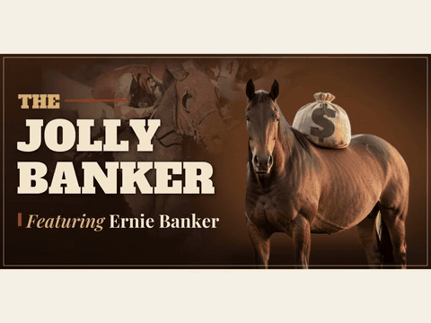 The Jolly Banker horse show banner with a horse carrying a money bag