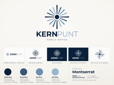 KERNPUNT family office logo, a starburst of sixteen blue rays with KERN in bold navy and PUNT in light sky blue
