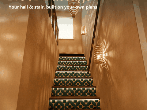 Warm sand stairwell with teal patterned tile risers, walnut treads and pierced brass lanterns throwing star shadows