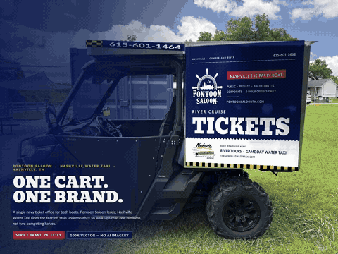 Pontoon Saloon river cruise ticket cart wrap shown on the vehicle