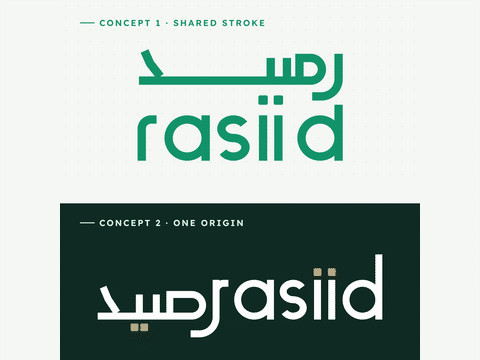 rasiid bilingual fintech wordmark, the Arabic رصيد drawn above the English rasiid in green, with app and card mockups