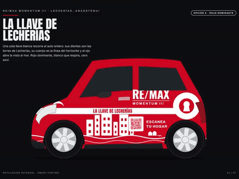 Red RE/MAX wrap on a smart fortwo car