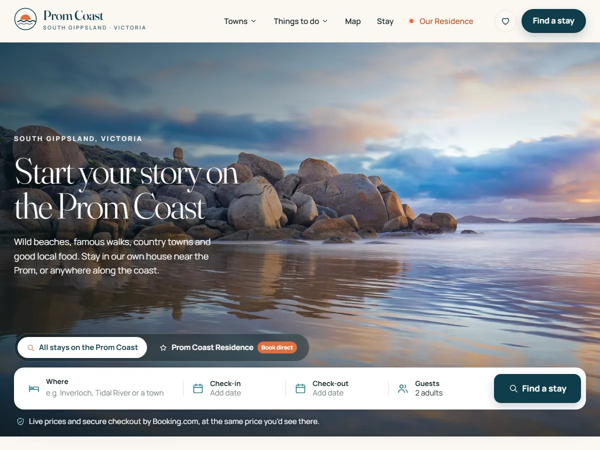 Prom Coast travel and booking website for South Gippsland, with an interactive map and a book-direct holiday house